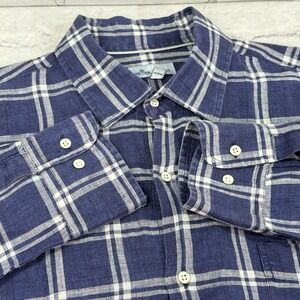 Peter Millar Men's Size L Seaside Morro Bay 100% Linen Windowpane Sport‎ Shirt